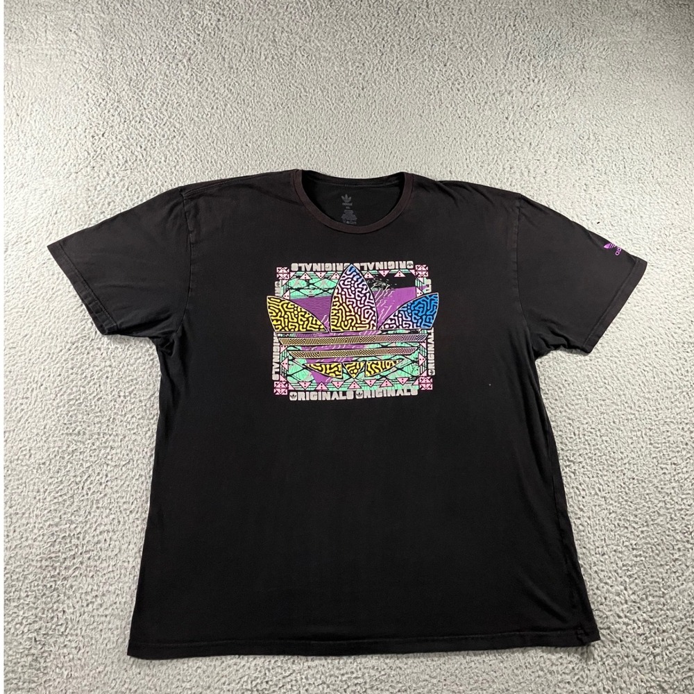 Adidas T-Shirt Men 2XL‎ Black Trefoil Graphic Abstract Geometric Neon Thrashed